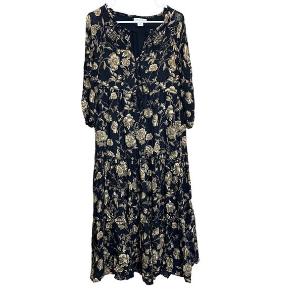 Cynthia Rowley Floral Tiered boho Dress Size 2 Black‎ Brown Swiss Dot Tie Neck - Picture 1 of 11